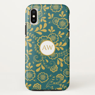 Funda Para iPhone XS Monograma de encaje victoriano de oro y esmeralda
