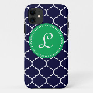 Funda Para iPhone 11 Monograma de encargo de Quatrefoil en marina de