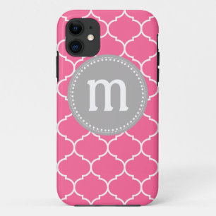 Funda Para iPhone 11 Monograma de encargo de Quatrefoil en rosa y gris