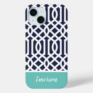 Funda Para iPhone 15 Monograma de enrejado azul marino y aqua