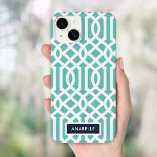 Funda Para iPhone 14 De Case-Mate Monograma de enrejado azul marino y aqua