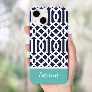 Funda Para iPhone 14 De Case-Mate Monograma de enrejado azul marino y aqua