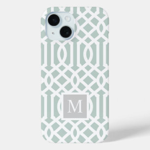 Funda Para iPhone 15 Monograma de enrejado de menta y gris   Colores ed