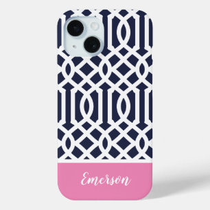 Funda Para iPhone 15 Monograma de enrejado rosa y azul marino