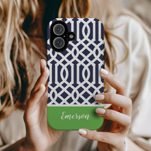 Funda Para iPhone 14 De Case-Mate Monograma de enrejado verde y azul marino