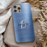 Funda Para iPhone 15 Monograma de escritura blanca Metalizado cepillado<br><div class="desc">Este elegante estuche de teléfono personalizado presenta un monograma y un nombre en un moderno guión en blanco y negro sobre un fondo metalizado de moda azul.</div>