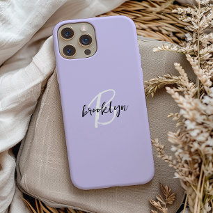 Funda Para iPhone 15 Monograma de escritura blanca negra de lavanda de