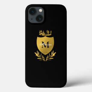 Funda Para iPhone 13 Monograma de Escudo Real Negro y Oro