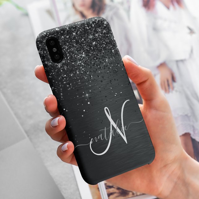 Funda De Case-Mate Para iPhone Monograma de espuma de Purpurina negro personaliza (Subido por el creador)