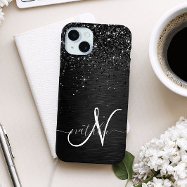 Funda Para iPhone 15 Mini Monograma de espuma de Purpurina negro personaliza