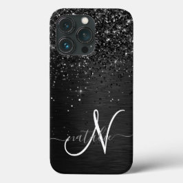 Funda Para iPhone 13 Pro Monograma de espuma de Purpurina negro personaliza