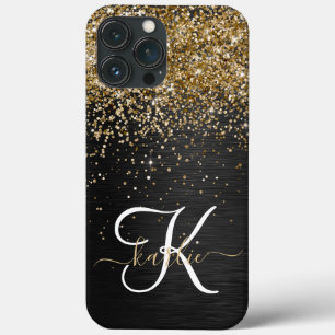 Funda Para iPhone 13 Pro Max Monograma de espuma negra Purpurina de oro persona