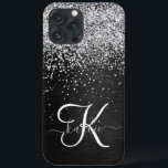 Funda Para iPhone 13 Pro Max Monograma de espuma negra Purpurina plateado perso<br><div class="desc">Personaliza fácilmente este elegante diseño de estuches de teléfono de moda con purpurina brillante de plata de bonito sobre fondo metálico cepillado negro.</div>