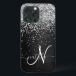 Funda Para iPhone 13 Pro Monograma de espuma negra Purpurina plateado perso<br><div class="desc">Personaliza fácilmente este elegante diseño de estuches de teléfono de moda con purpurina brillante de plata de bonito sobre fondo metálico cepillado negro.</div>