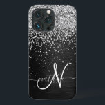 Funda Para iPhone 13 Pro Monograma de espuma negra Purpurina plateado perso<br><div class="desc">Personaliza fácilmente este elegante diseño de estuches de teléfono de moda con purpurina brillante de plata de bonito sobre fondo metálico cepillado negro.</div>