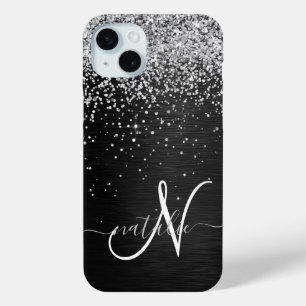 Funda Para iPhone 15 Mini Monograma de espuma negra Purpurina plateado perso