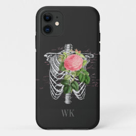 Funda Para iPhone 11 Monograma de esqueleto de rosas rosadas góticas vi