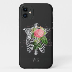Funda Para iPhone 11 Monograma de esqueleto de rosas rosadas góticas vi