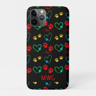 Funda Para iPhone 11 Pro Monograma de estiloso DOG PAW PRINTS and LOVE HEAR