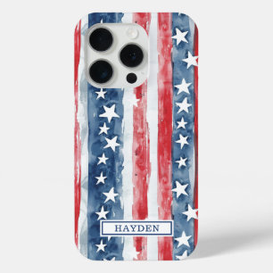 Funda Para iPhone 15 Pro Monograma de Estrellas y Franjas con Acuarela Patr