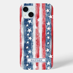 Funda Para iPhone 15 Mini Monograma de Estrellas y Franjas Patrióticas en Ac