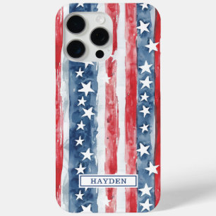 Funda Para iPhone 15 Pro Max Monograma de Estrellas y Franjas Patrióticas en Ac