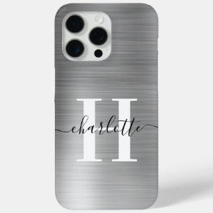 Funda Para iPhone 15 Pro Max Monograma de Firma Moderna en Hoja de Plata