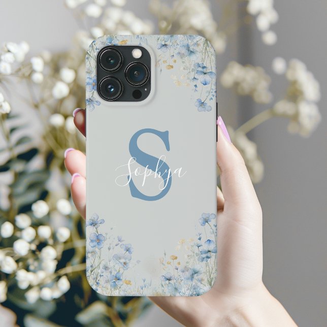Funda De Case-Mate Para iPhone Monograma de flor azul personalizado (Subido por el creador)