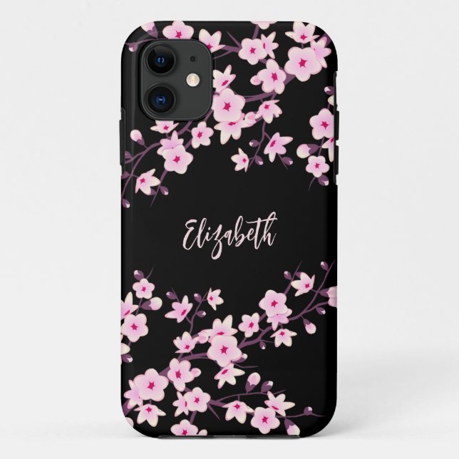 Funda De Case-Mate Para iPhone Monograma de Flor de Cerezo Rosa Negro (Reverso)
