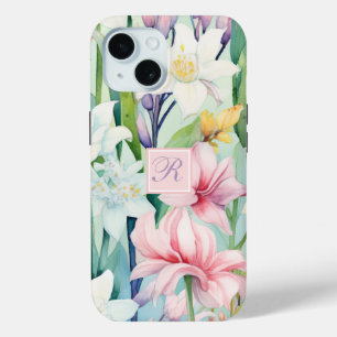 Funda Para iPhone 15 Monograma de flor de primavera rosada y blanca en