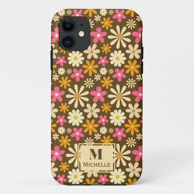 Funda De Case-Mate Para iPhone Monograma de flor hippie groovy de moda retro 70 (Reverso)
