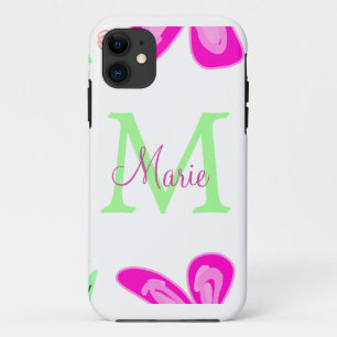 Funda Para iPhone 11 monograma de flor rosa agregar nombre letra hoja v
