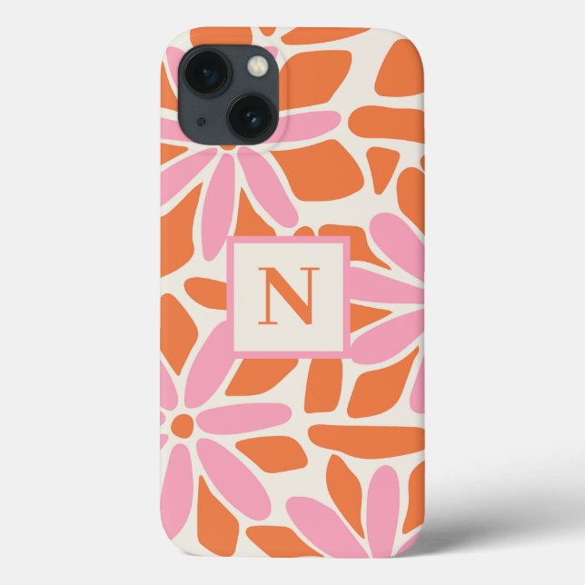 Funda De Case-Mate Para iPhone Monograma de flor rosa y Naranja (Reverso)