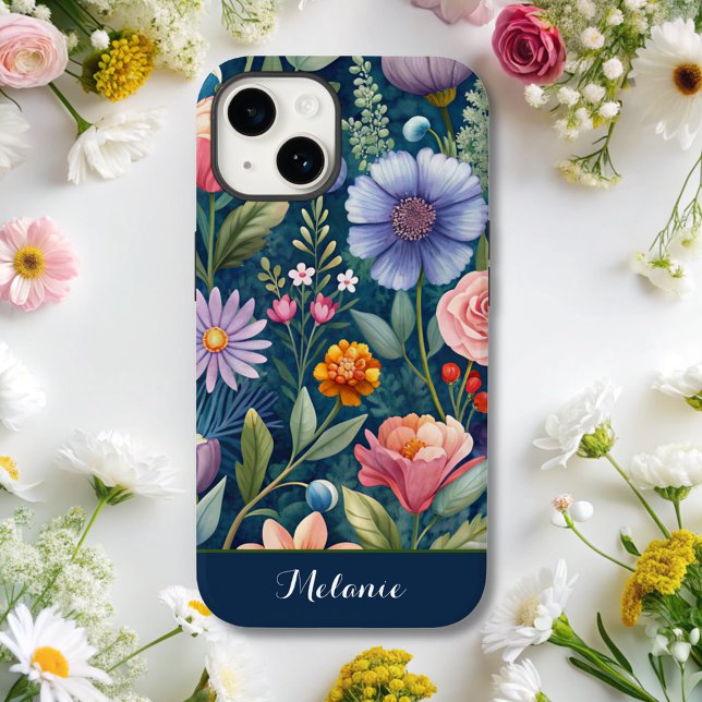 Funda De Case-Mate Para iPhone Monograma de flor silvestre azul cúbano (Subido por el creador)
