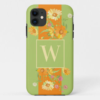 Funda Para iPhone 11 Monograma de flor verde silvestre personalizado