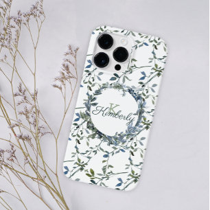 Funda Para iPhone 12 Monograma de floral verde sage plateado Funda-mate