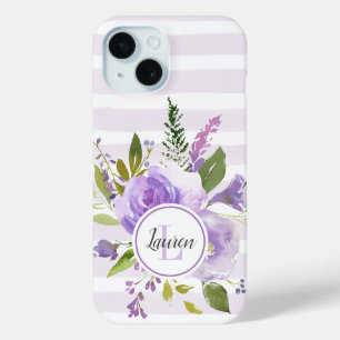 Funda Para iPhone 15 Monograma de Floral y Tiras Lilac