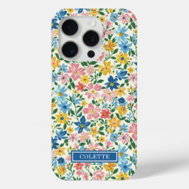 Funda Para iPhone 15 Pro Monograma de flores azules y amarillas Ditsy