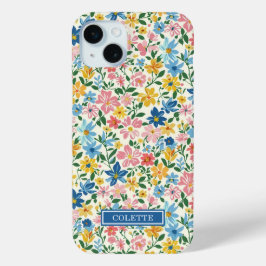 Funda Para iPhone 15 Mini Monograma de flores azules y amarillas Ditsy