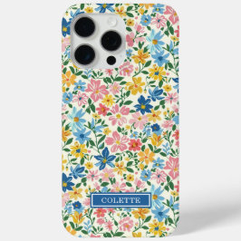 Funda Para iPhone 15 Pro Max Monograma de flores azules y amarillas ditsy