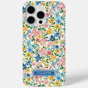 Funda Para iPhone 15 Pro Max Monograma de flores azules y amarillas ditsy