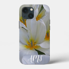 Funda Para iPhone 13 Mini Monograma de flores de jardín blanco y amarillo