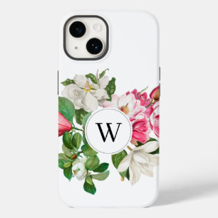 Funda Para iPhone 14 De Case-Mate Monograma de flores de magnolia de color blanco y 