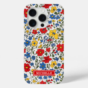 Funda Para iPhone 15 Pro Monograma de flores ditsy azules, rojas y amarilla