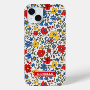 Funda Para iPhone 15 Mini Monograma de flores Ditsy azules, rojas y amarilla