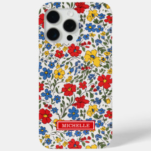Funda Para iPhone 15 Pro Max Monograma de flores ditsy azules, rojas y amarilla