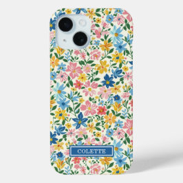 Funda Para iPhone 15 Monograma de flores ditsy azules y amarillas