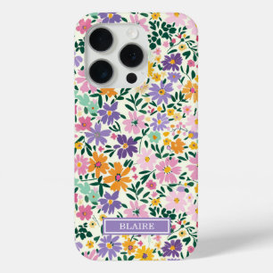 Funda Para iPhone 15 Pro Monograma de Flores Ditsy Moradas