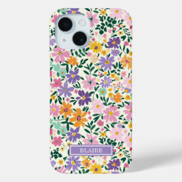 Funda Para iPhone 15 Monograma de Flores Ditsy Moradas