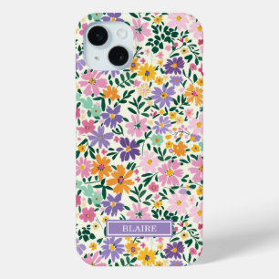 Funda Para iPhone 15 Mini Monograma de flores ditsy púrpura